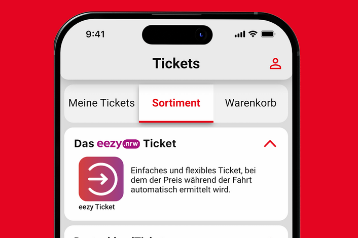 Abbildung des eezy.nrw-Tickets in der Vestische App unter dem Menüpunkt Ticketsortiment.