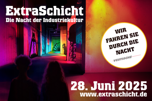 ExtraSchicht2025 mit dem Datum 28. Juni 2025 und dem Hinweis der Vestischen "Wir fahren Sie durch die Nacht."