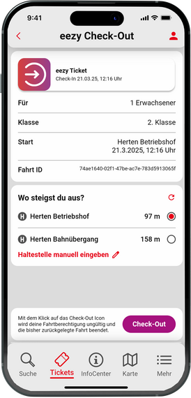 Vestische App ezzy.nrw checkout - Wahl der Haltestelle