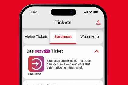 Abbildung des eezy.nrw-Tickets in der Vestische App unter dem Menüpunkt Ticketsortiment.